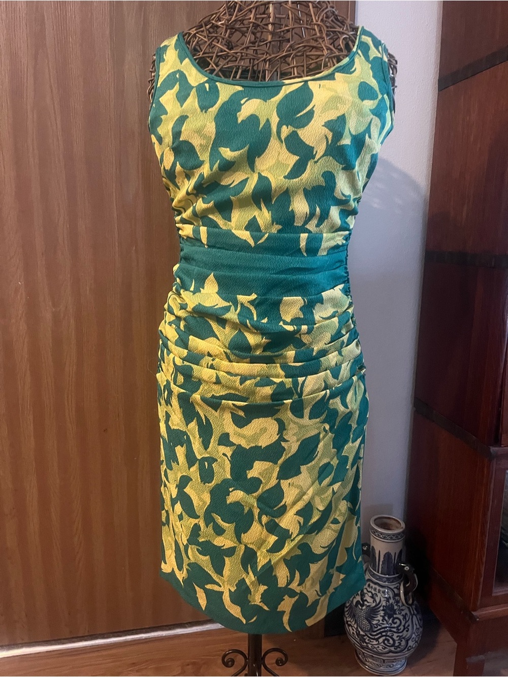 Tracy Reese Teal and Yellow Floral Ruched Sheath Dress